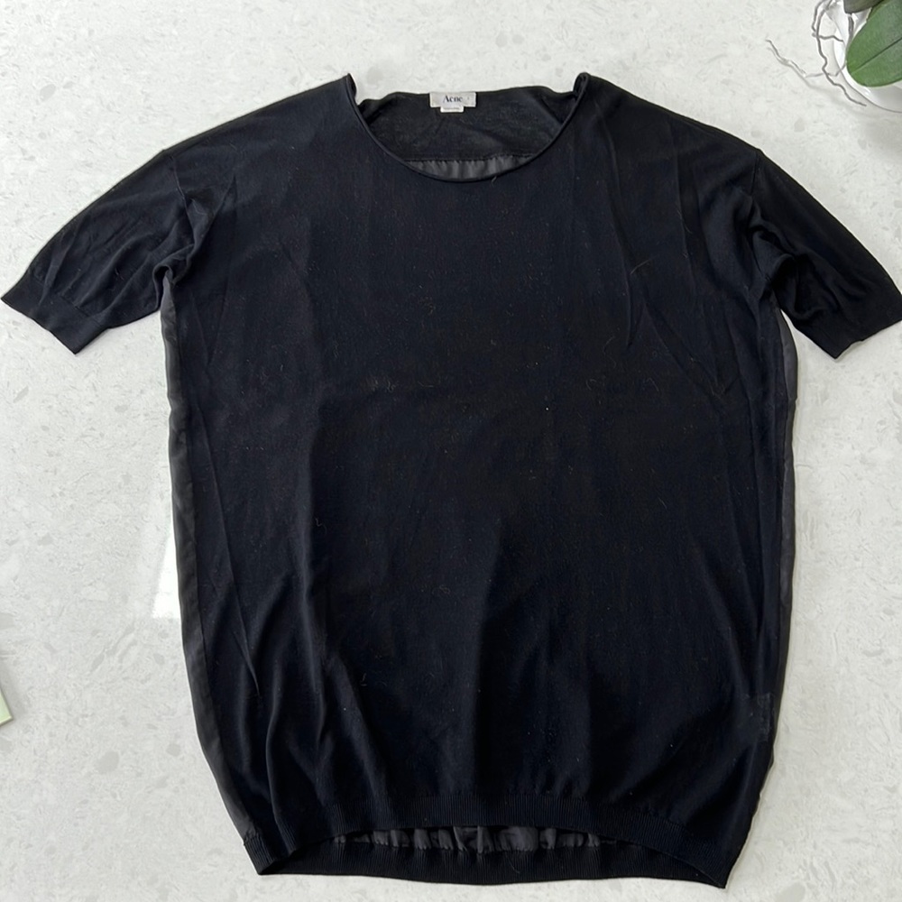 Acne Silk Back Black Short Sleeve Rayon Sweater Size S